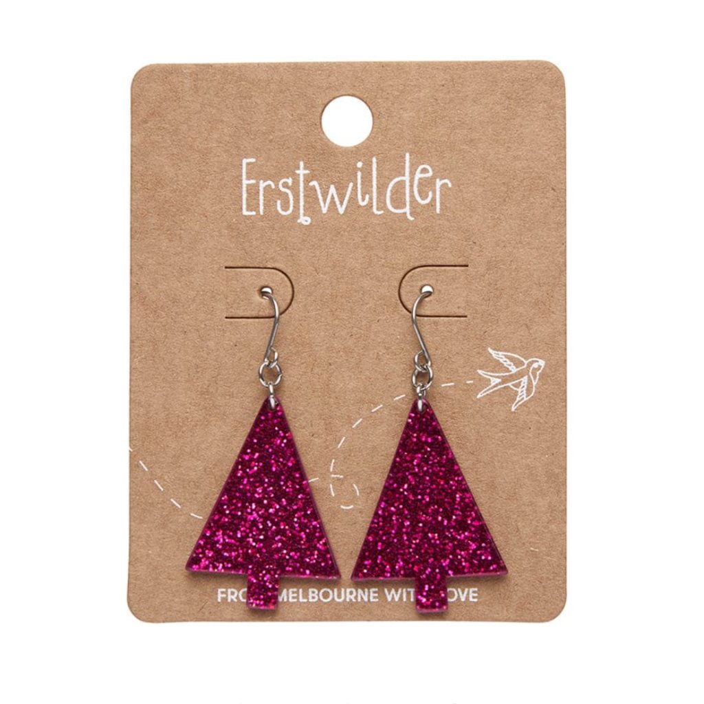 Erstwilder Christmas Tree Fine Glitter Drop Earrings In Pink, Nwt